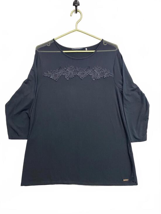 Tahari Tops - Vintag Y2K Tahari Black 3/4 Sleeve Embroidered Top and Sheer Shoulders Size XL